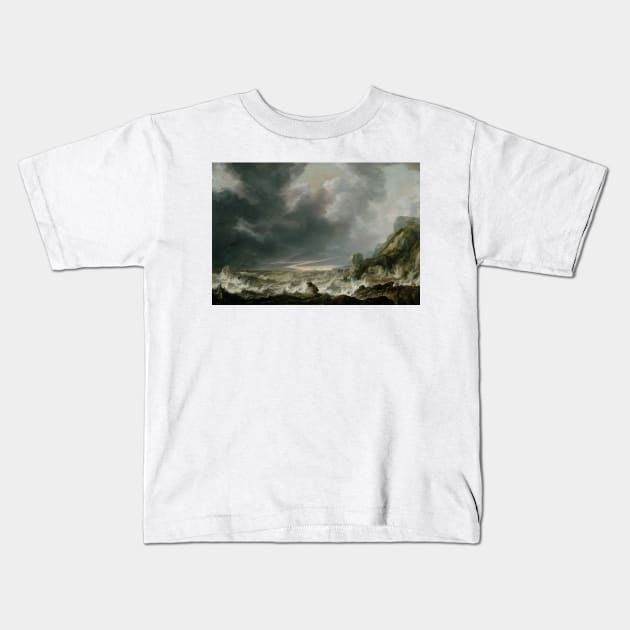 Ship in Distress off a Rocky Coast by Simon de Vlieger Kids T-Shirt by Classic Art Stall